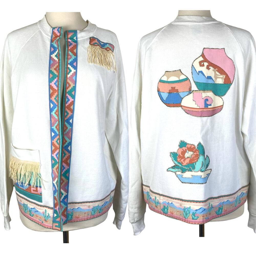 Vintage Southwestern Boho Aztec Abstract Embroidered Fringe Art Sweater Jacket